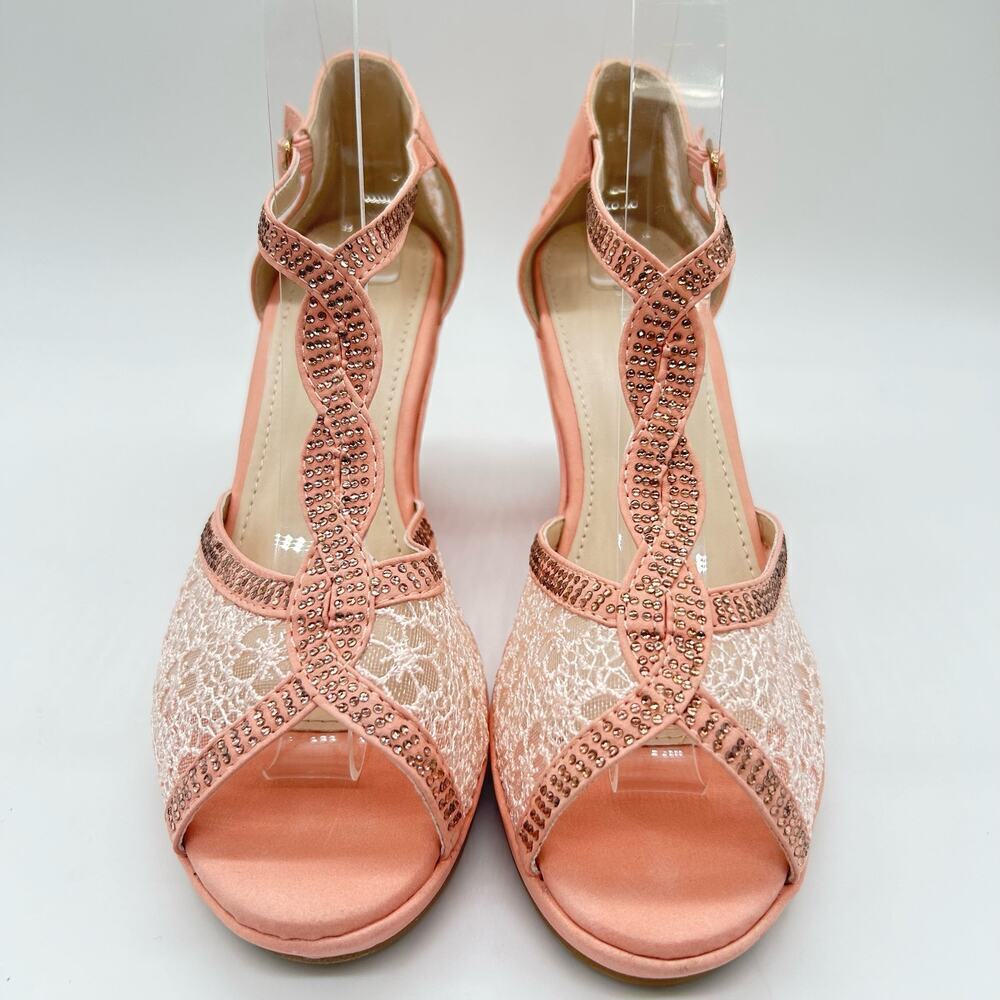 Top Moda Sandal Womens 7.5 Pink Rhinestone Strappy Lace Sandal NEW